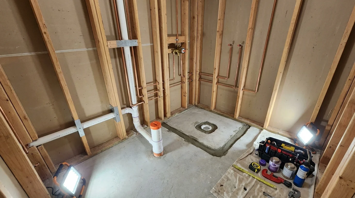 Bathroom rough-in plumbing during remodel by Johns Plumbing LLC in Elmendorf
