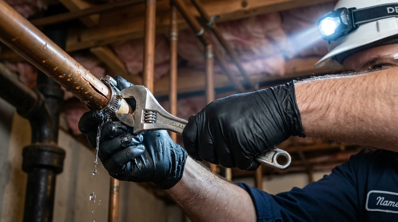 Emergency pipe clamp repair being performed by a Johns Plumbing LLC plumber in Elmendorf