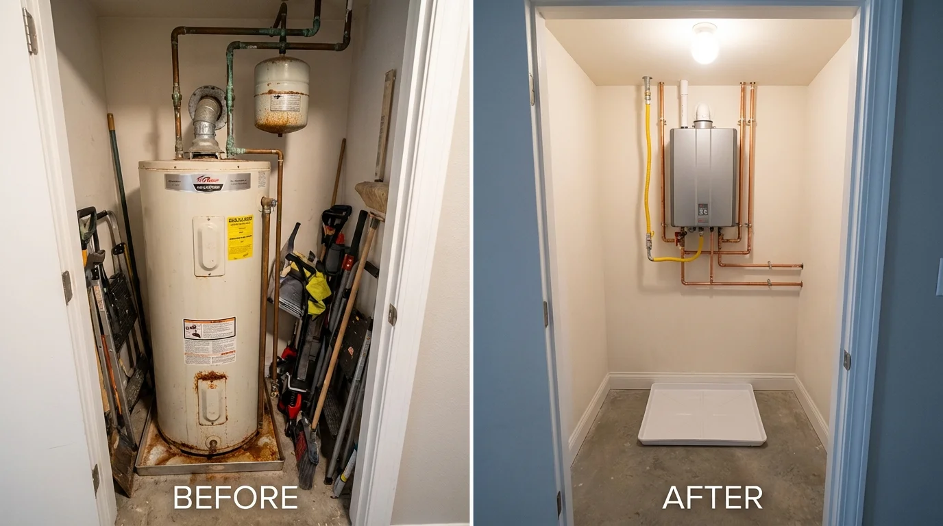 Tank water heater versus wall-mounted tankless unit comparison for Elmendorf, TX homeowners