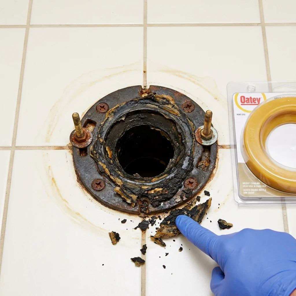 Failed wax ring showing water seepage at the base of a toilet in a Elmendorf, TX home