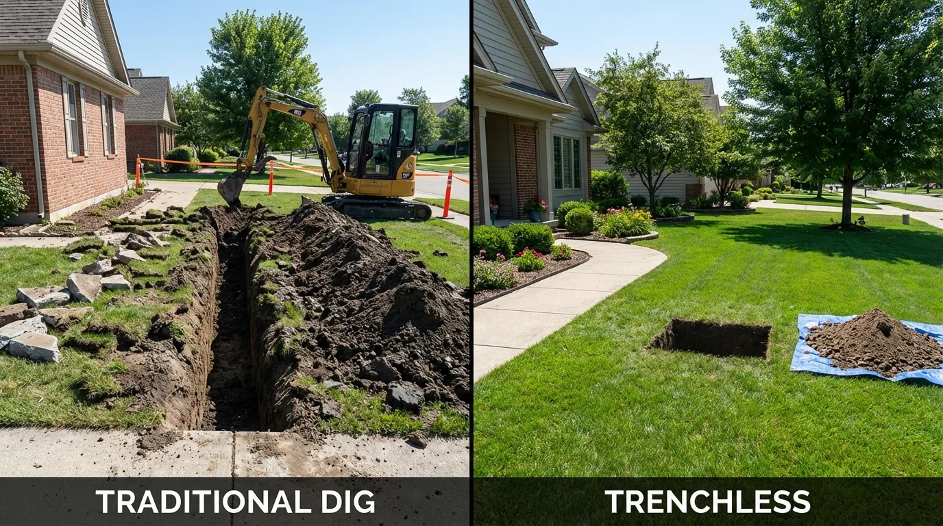 Trenchless sewer repair with minimal yard damage versus traditional excavation in Elmendorf, TX