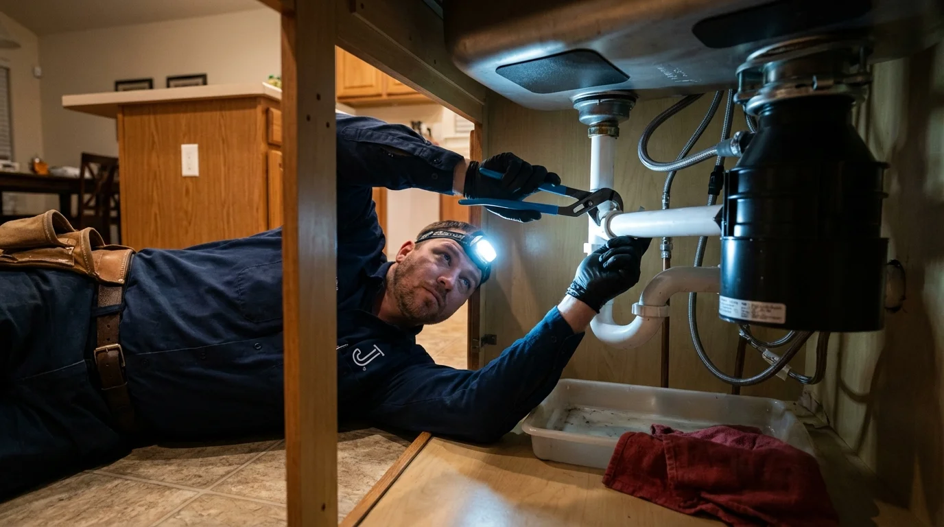 P-trap and supply line connections under a kitchen sink showing a common leak point in Elmendorf, TX